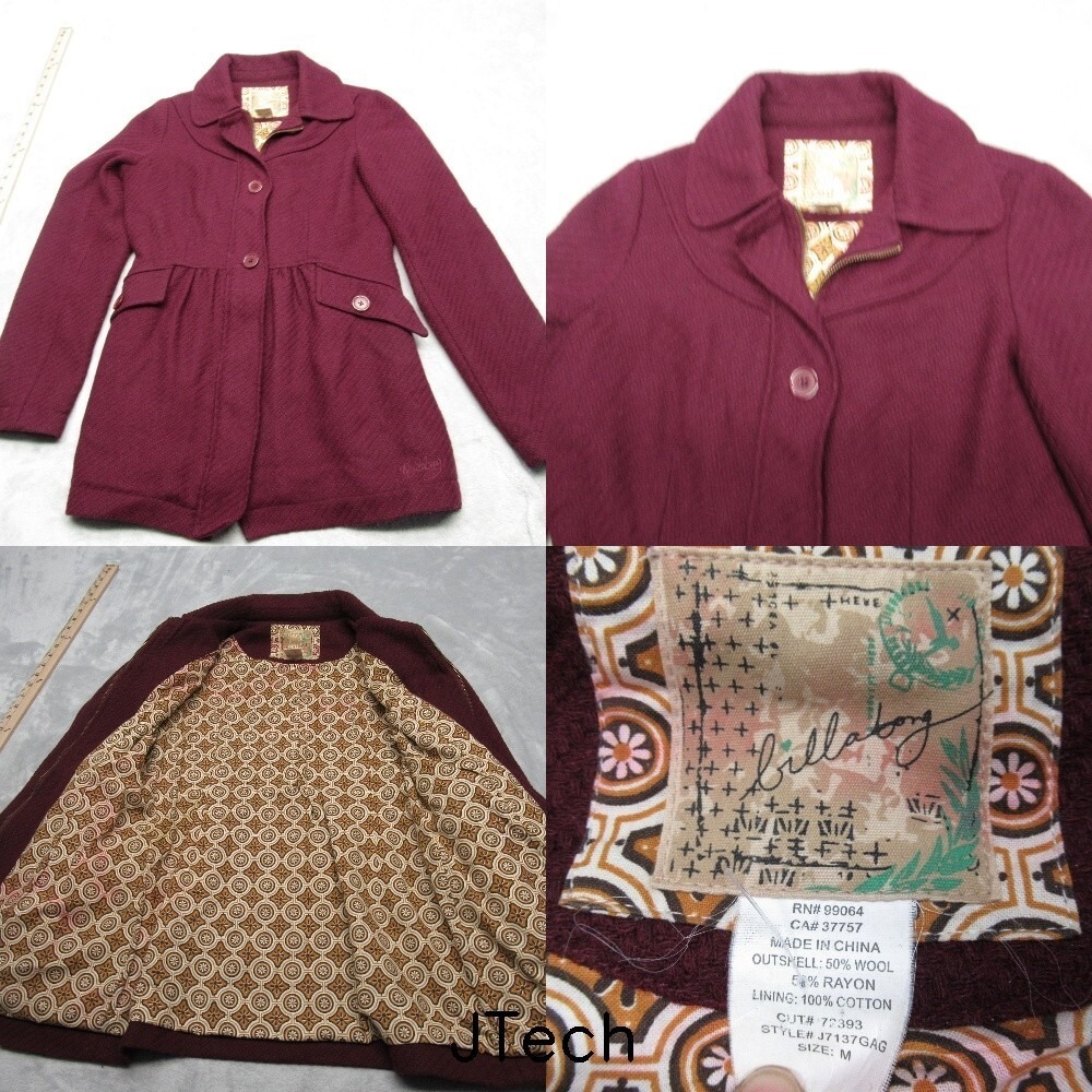 Billabong Jacket Women Medium Purple Wool Blend Button Zip Front Pea Coat Read